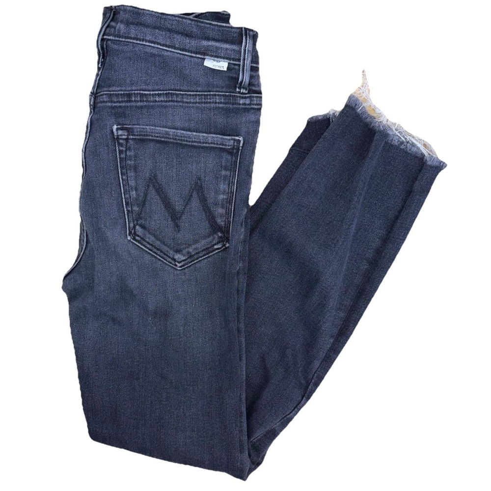 MOTHER High Waisted Rascal‎ Ankle Snippet Jeans Thunder Road 26 Black Raw Hem